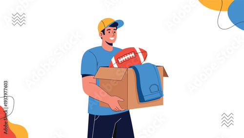 Happy man wearing a baseball cap, carrying a cardboard box filled with folded clothes and a football, symbolizing moving, donations, or sports gear.