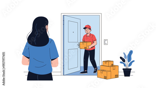 Efficient delivery man wearing a uniform and cap, bringing multiple packages to a woman's doorstep, representing fast shipping and convenient service.