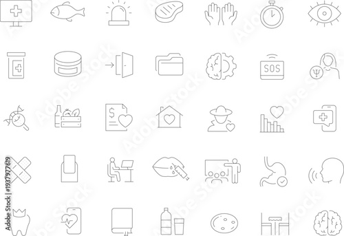 Digital healthcare outline icon set for telemedicine, patient monitoring, medical analytics, secure records, appointments, prescription, microchip technology, editable  Vector illustration.