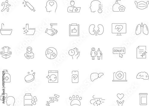 Digital healthcare outline icon set for telemedicine, patient monitoring, medical analytics, secure records, appointments, prescription, microchip technology, editable  Vector illustration.