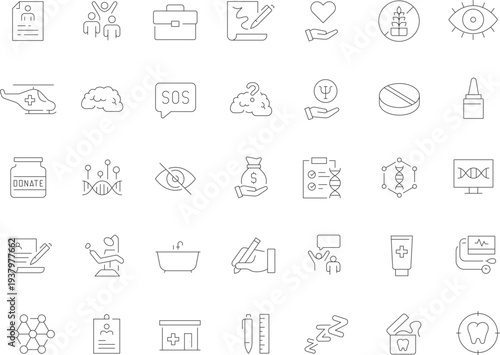 Digital healthcare outline icon set for telemedicine, patient monitoring, medical analytics, secure records, appointments, prescription, microchip technology, editable  Vector illustration.