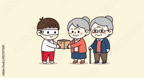 Cartoon illustration of a young boy handing a package to an elderly woman with a senior man standing beside her against a plain background.