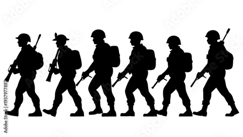 group of marching soldiers silhouette, armed military patrol walking