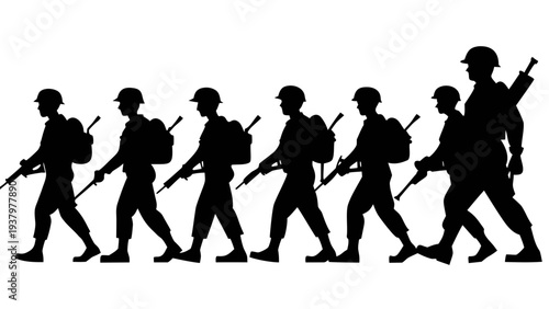 group of marching soldiers silhouette, armed military patrol walking