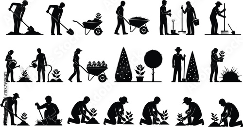 Gardening silhouette set featuring people planting watering with cans pushing wheelbarrows and using shovels for professional landscaping backyard hobby and agricultural design projects