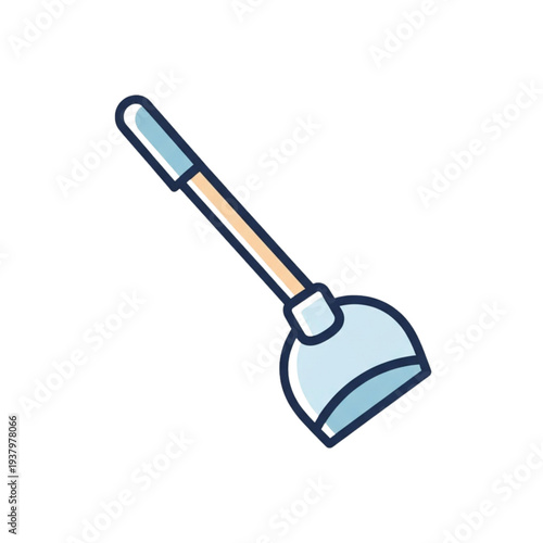 Simple cartoon illustration of a light blue toilet plunger with a wooden handle, used for unclogging drains and pipes.