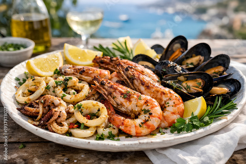 Mixed seafood platter with shrimp calamari octopus and mussels served with lemon on rustic seaside table, mediterranean coastal cuisine with fresh shellfish