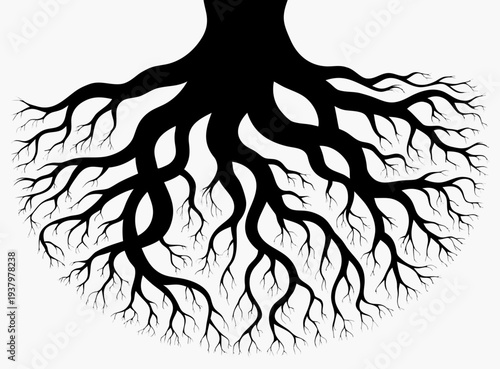 Tree Roots Silhouette Vector, Detailed Underground Root System Silhouette Illustration