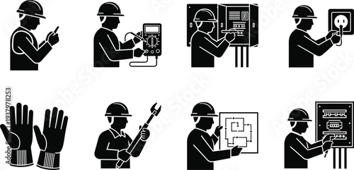 Professional electrician silhouettes set featuring workers using multimeter, repairing fuse box, testing electrical outlets, holding blueprints and wearing safety gloves for industrial maintenance