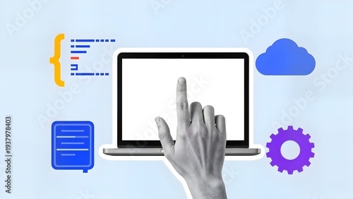 Human hand touching laptop screen with digital cloud computing icons for business tech and software development presentation