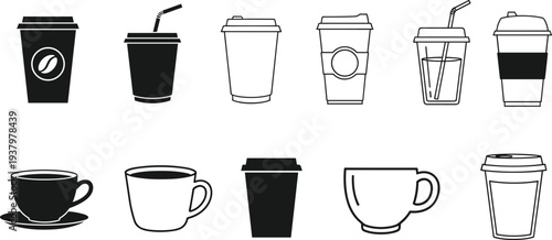 Set of coffee cup icons in black and outline styles, disposable takeaway and ceramic mug collection isolated on white background for design use