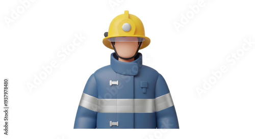 Cartoon-style Firefighter Wearing a Yellow Helmet and a Blue Protective Coat with Reflective Stripes