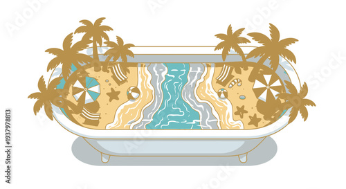 Bathtub Beach Scene Illustration - Tropical Relaxation and Summer Vacation
