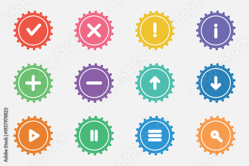 Set of 12 Colorful Flat Design Gear-Shaped UI Icons Vector Collection for Web, App, and Presentation Elements, Including Checkmark, Cross, Information, Plus, Minus, Arrows, Play, Pause, Menu