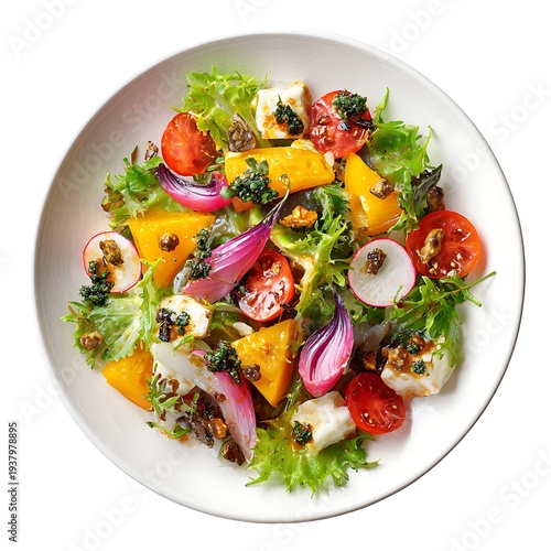 A colorful and healthy salad on a white plate, perfect for a fresh and nutritious meal. It features a variety of vibrant vegetables and a light dressing, creating an appetizing visual