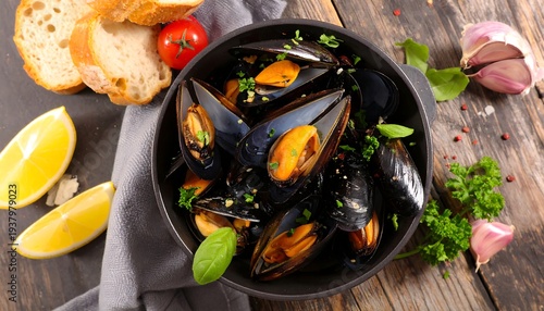 Steaming mussels in black pot, alongside lemon, bread, and garlic on a rustic wooden table