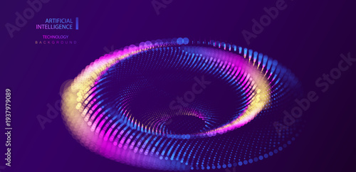 Tunnel In Particles Blurred Dots. Colorful Science Design. AI Artificial Intelligence Swirl Concept Of Technology. Digital Circle Diagram Vector.
