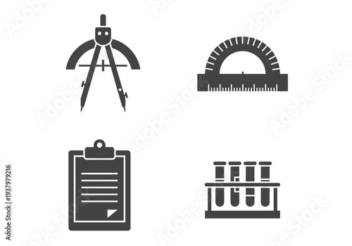 Scientific research tools featuring drafting compass protractor clipboard and test tubes