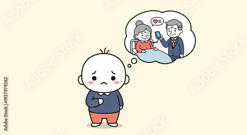 A cartoon boy with a worried expression thinks about his parents arguing in a thought bubble against a plain background.