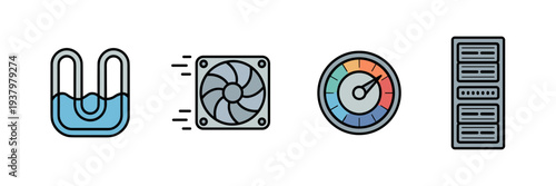 Modern tech cooling system icon collection – Suitable for technical documentation, data center management apps, or server hardware guides.