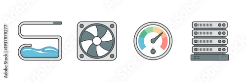 Flat vector icon set for server cooling – Perfect for network engineering blogs, technology websites, or infrastructure efficiency diagrams.