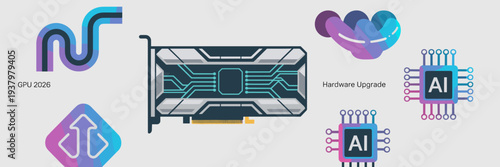 Futuristic graphics card and AI chip icons – Perfect for computer hardware reviews, tech upgrade guides, or PC gaming accessories.