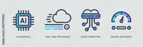 AI engine and performance gauge icon sheet – Suitable for real-time data monitoring, cloud computing apps, or tech infrastructure.