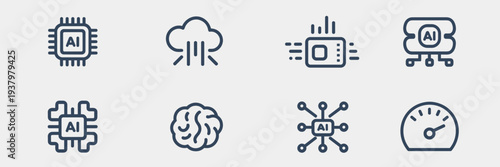 Tech outline icons for AI inference engine – Great for professional IT services, software engineering news, or digital branding.