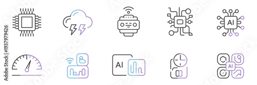 Minimalist AI inference and chip icon set – Perfect for developer tool interfaces, neural network diagrams, or tech presentations.