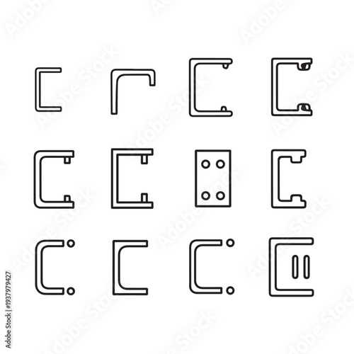 Collection of C-channel metal profiles and connectors line art industrial design elements