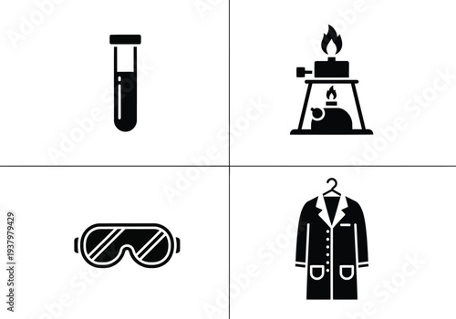 Set of 4 science and laboratory icons, test tube, bunsen burner, goggles, lab coat