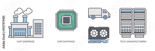 Semiconductor factory and tech hardware icons – Suitable for industrial automation, chip shortage reports, or tech presentations.