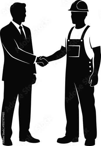 Businessman in suit and construction worker in overalls shaking hands, symbolizing successful partnership, industrial agreement, labor contract, professional collaboration, and mutual corporate trust