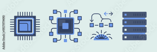 Deep learning chip and cooling fan icons – Great for high-performance computing blogs, AI engineering, or hardware documentation.
