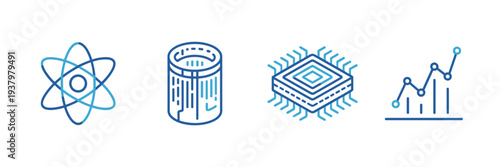 Quantum computing concept and qubit icon sheet – Ideal for laboratory websites, tech startup pitch decks, or scientific infographics.