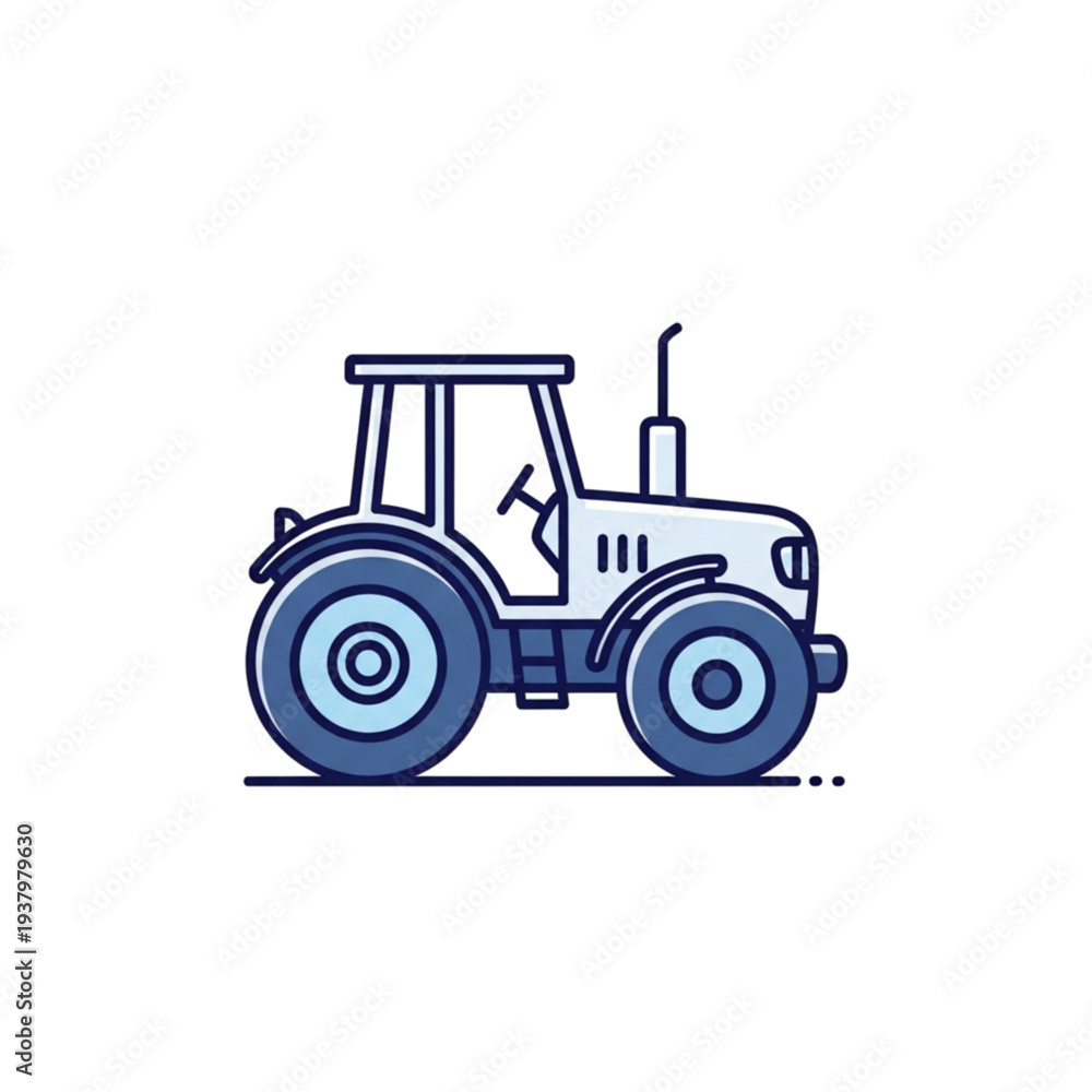 Obraz premium Blue and white line art illustration of a farm tractor, side view, on a white background.