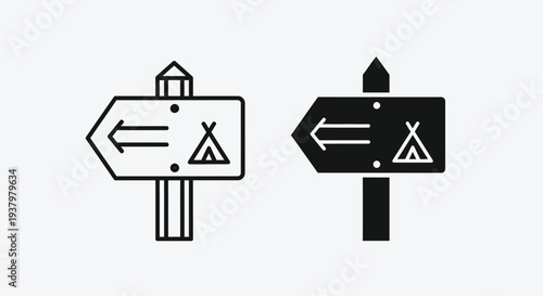 Graphic illustration of two directional signs with warning symbols on a white background.