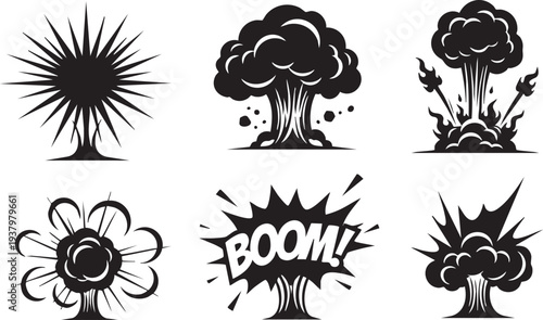 Collection of six black and white comic book style explosion illustrations