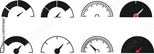 Set of eight minimalist black speedometer and gauge icons with needles and scales for automotive dashboard design performance tracking and internet speed test applications