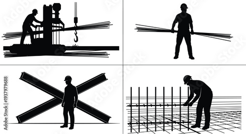 Construction workers silhouette set working with steel rebar and metal beams featuring site laborers engineers and industrial builders for professional civil engineering projects