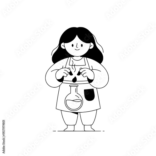 Line art illustration of a botanical mixologist or Simple line art drawing of a chemist making a potion
