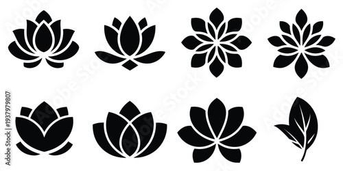 Lotus Flower Silhouette Icon Set, Minimal Lotus Blossom Floral Icons for Yoga, Spa and Meditation Design