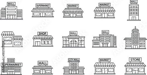 Set of fifteen black-and-white commercial building line icons including malls, supermarkets, shops, and markets, perfect for urban planning, retail design, and educational project