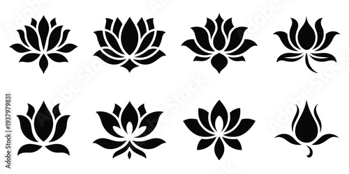 Lotus Flower Silhouette Icon Set, Sacred Lotus Blossom Floral Symbols Collection Isolated on Transparent Background