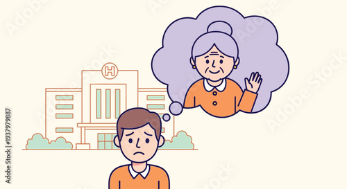 Cartoon illustration of a worried man with a thought bubble of a woman waving above him, set against a building background with a simple, flat design and a mix of orange, purple, and green