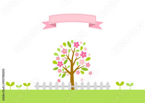 Cherry blossom trees and fence,sprouts,ribbon. Spring nature decoration background.
