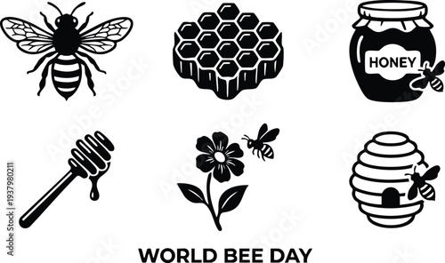 Black silhouette bee icons including honeycomb honey jar stick flower hive and flying bee for world bee day awareness flat design set with nature and ecology theme