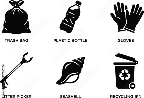 Minimalist black silhouette icons set with trash bag plastic bottle gloves litter picker seashell and recycling bin isolated on white background clean environment theme
