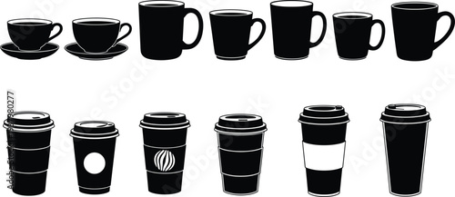 Large Vector Collection of Black Coffee Cup and Tea Mug Silhouettes Featuring Disposable Paper Cups To Go Mugs Ceramic Cups and Saucers for Cafe Branding Projects