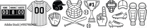 Black and White Vector Illustration Set of Baseball Equipment Featuring Jersey Bat Glove Helmet Scoreboard and Trophy Icons for Sports League Branding and Game Design